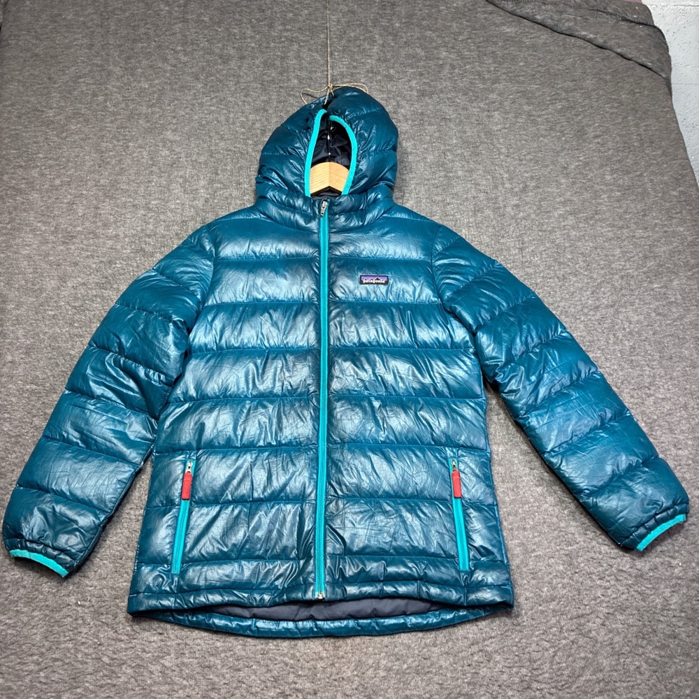 Patagonia Down‎ Sweater Hoody Boys Large 12 Teal Blue Puffer Jacket Distressed